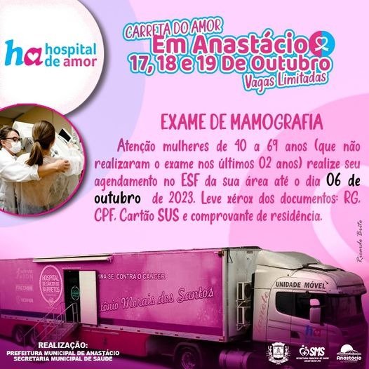 Outubro Rosa começou, a Carreta do Amor estará em Anastácio nos dias 17, 18 e 19 de outubro. Mas, atenção! As vagas são limitadas!